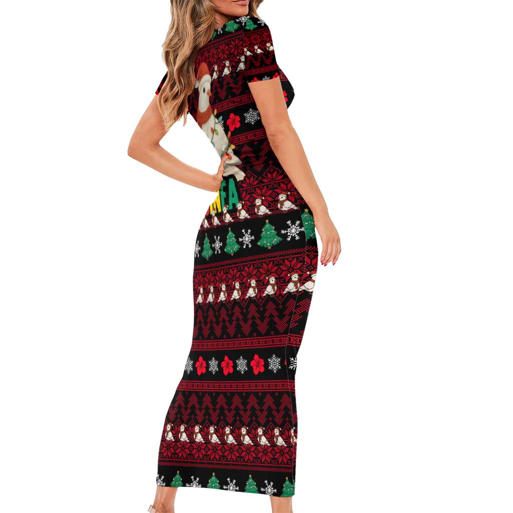 Guinea Christmas Short Sleeve Bodycon Dress with Festive Dove String Lights and Red Black Holiday Pattern - Wonder Print Shop