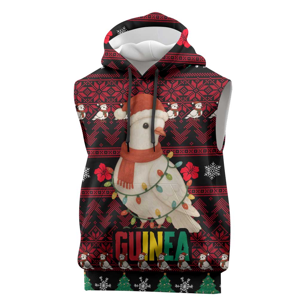 Guinea Christmas Sleeveless Hoodie with Festive Dove String Lights and Red Black Holiday Pattern - Wonder Print Shop