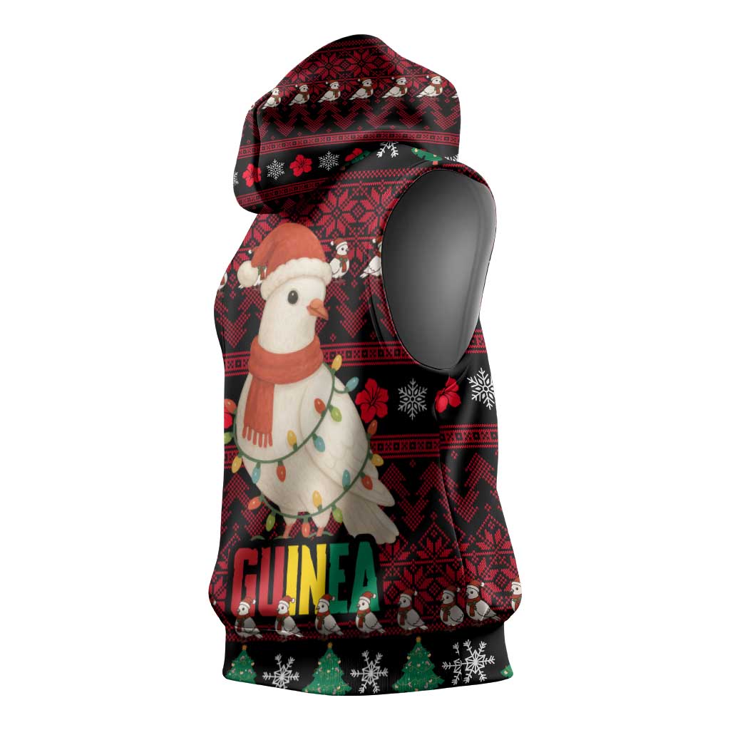 Guinea Christmas Sleeveless Hoodie with Festive Dove String Lights and Red Black Holiday Pattern - Wonder Print Shop