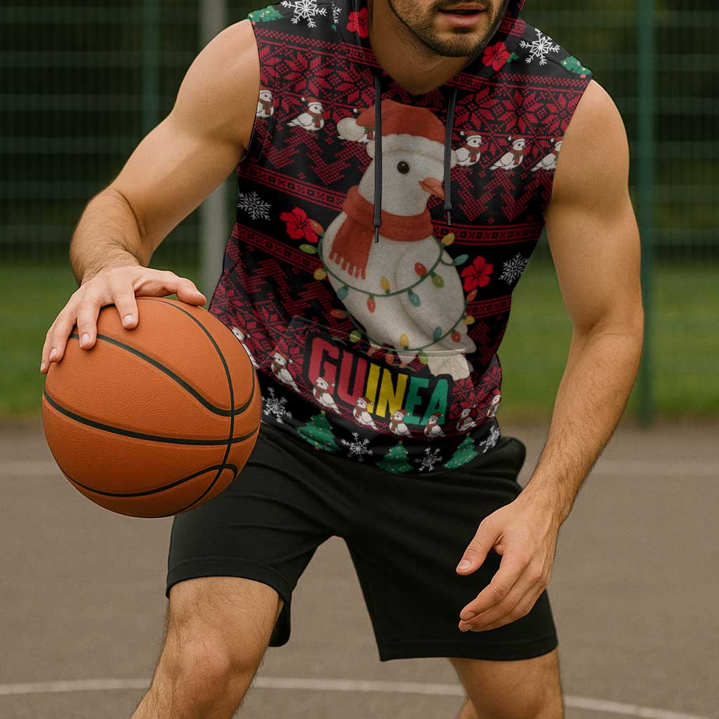 Guinea Christmas Sleeveless Hoodie with Festive Dove String Lights and Red Black Holiday Pattern - Wonder Print Shop