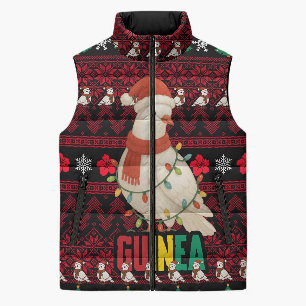 Guinea Christmas Sleeveless Puffer Jacket with Festive Dove String Lights and Red Black Holiday Pattern - Wonder Print Shop