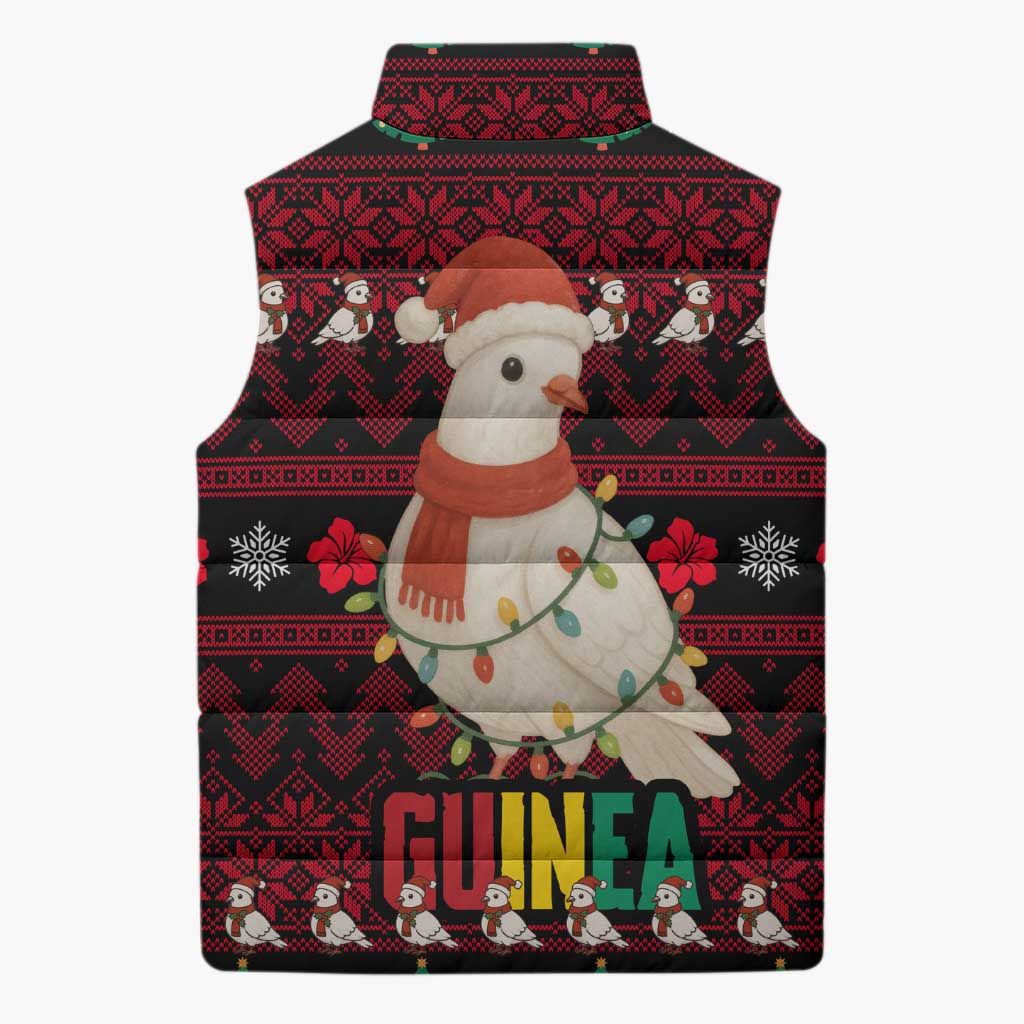 Guinea Christmas Sleeveless Puffer Jacket with Festive Dove String Lights and Red Black Holiday Pattern - Wonder Print Shop