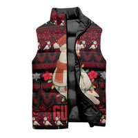 Guinea Christmas Sleeveless Puffer Jacket with Festive Dove String Lights and Red Black Holiday Pattern - Wonder Print Shop