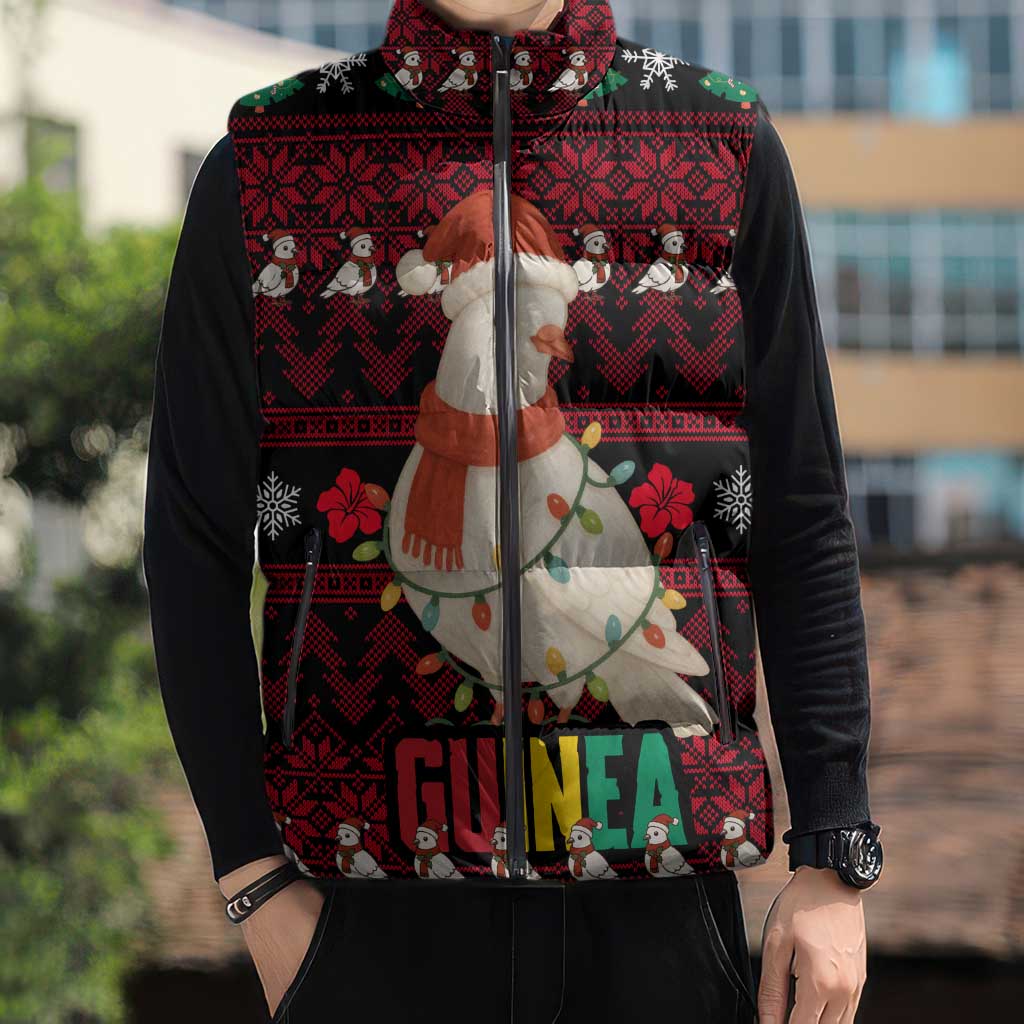 Guinea Christmas Sleeveless Puffer Jacket with Festive Dove String Lights and Red Black Holiday Pattern - Wonder Print Shop