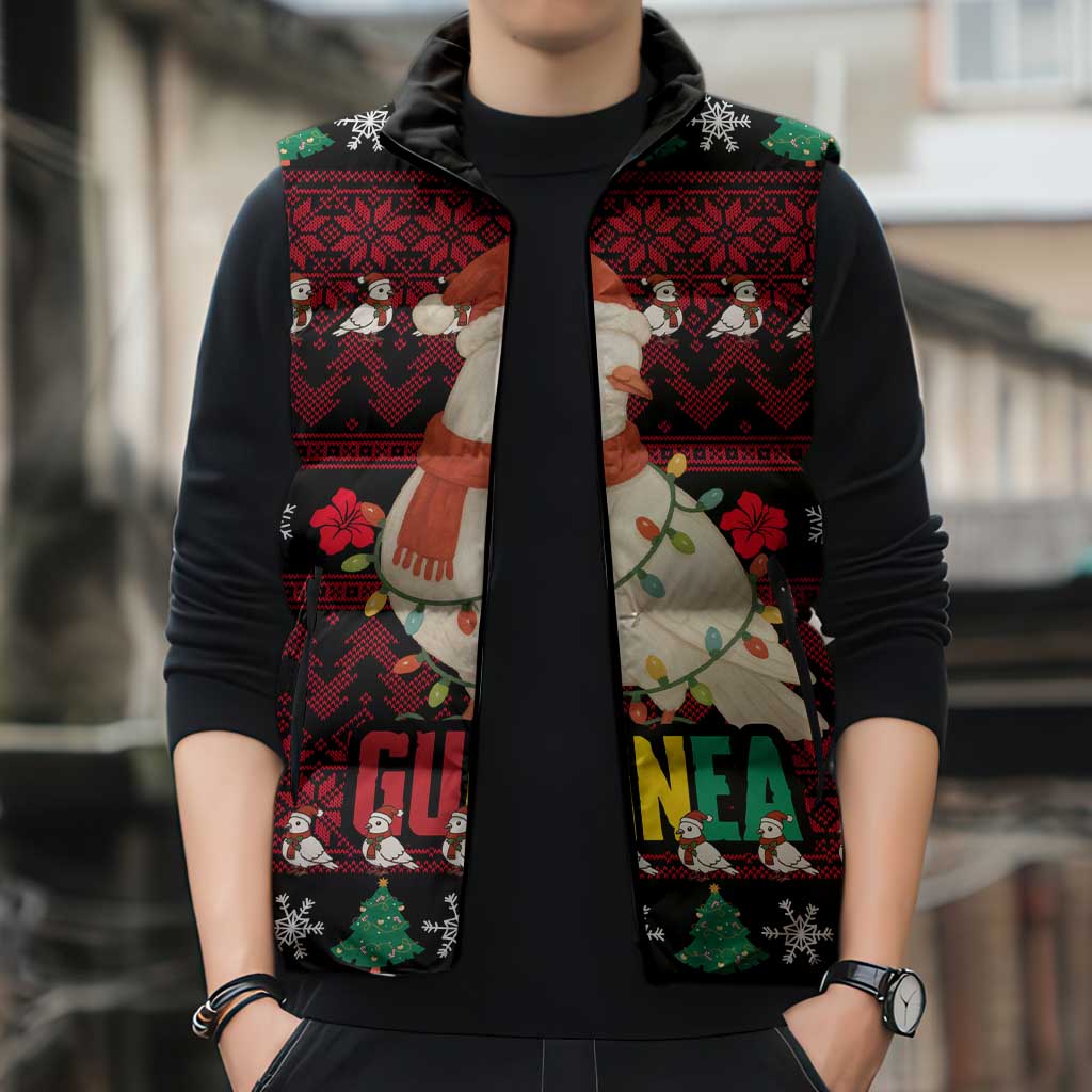 Guinea Christmas Sleeveless Puffer Jacket with Festive Dove String Lights and Red Black Holiday Pattern - Wonder Print Shop