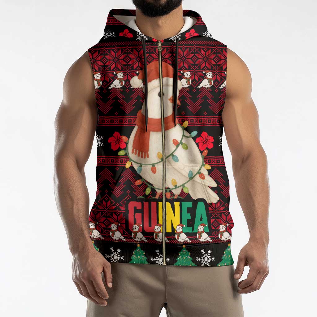 Guinea Christmas Sleeveless Zip Hoodie with Festive Dove String Lights and Red Black Holiday Pattern - Wonder Print Shop
