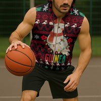 Guinea Christmas Sleeveless Zip Hoodie with Festive Dove String Lights and Red Black Holiday Pattern - Wonder Print Shop