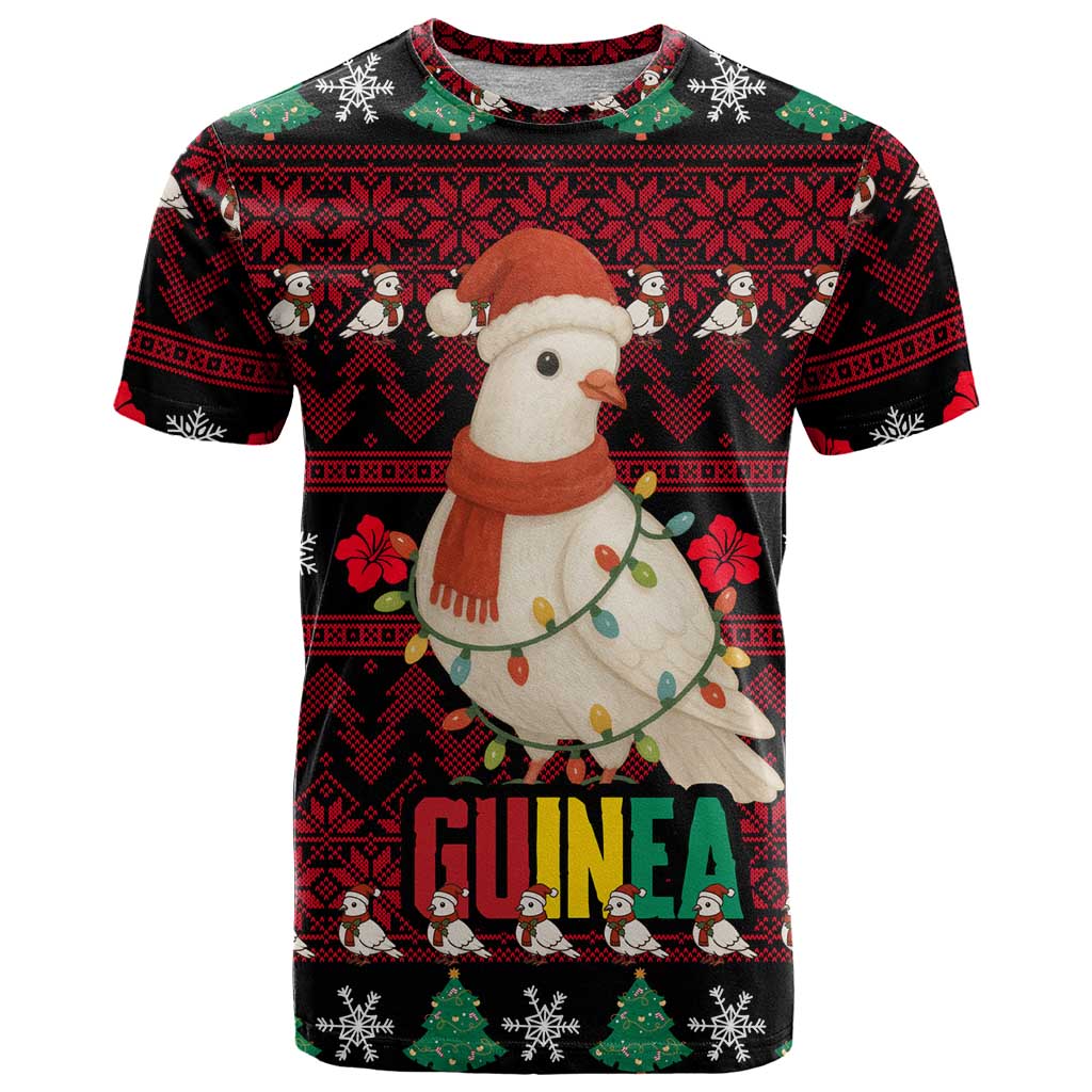 Guinea Christmas T Shirt with Festive Dove String Lights and Red Black Holiday Pattern - Wonder Print Shop