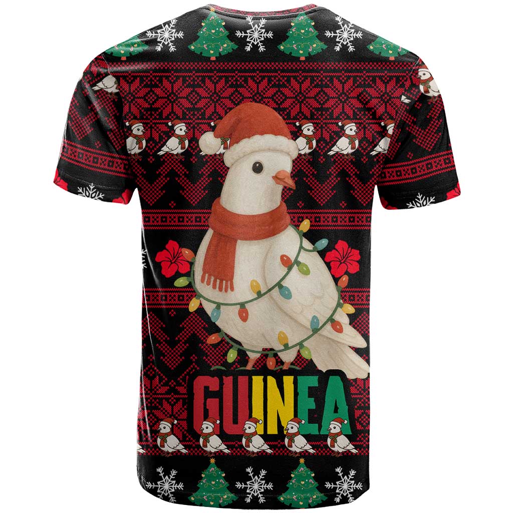 Guinea Christmas T Shirt with Festive Dove String Lights and Red Black Holiday Pattern - Wonder Print Shop