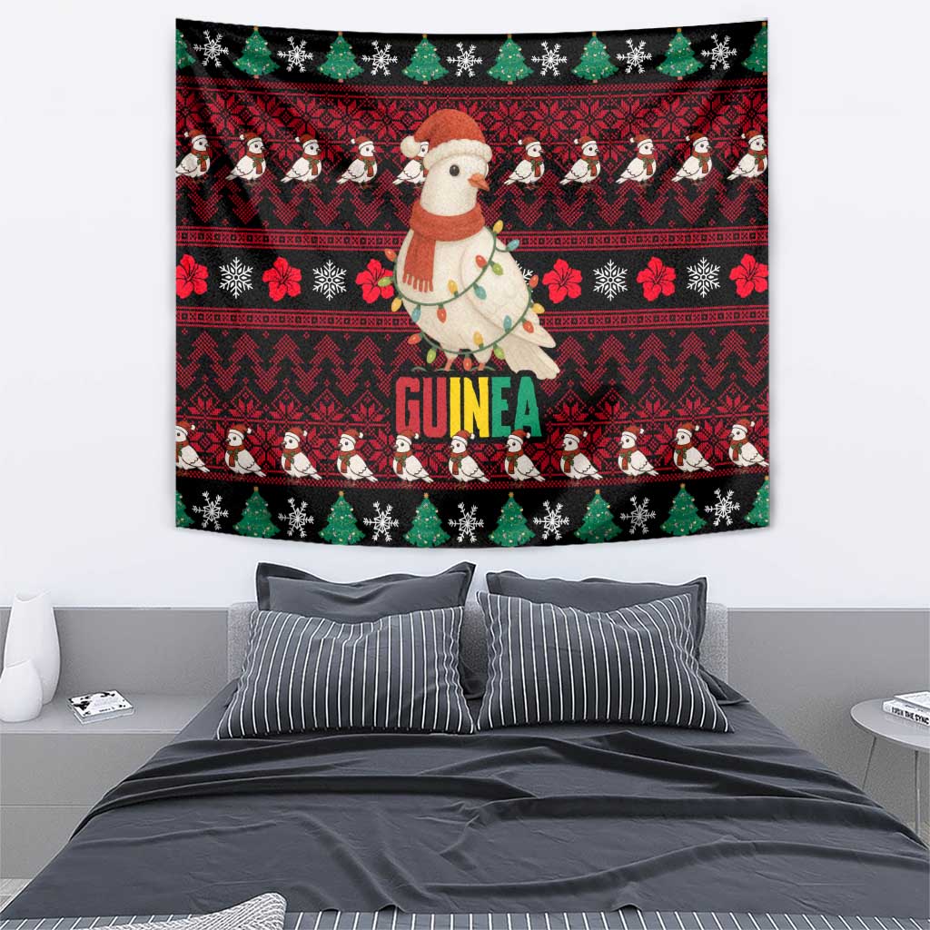 Guinea Christmas Tapestry with Festive Dove String Lights and Red Black Holiday Pattern - Wonder Print Shop
