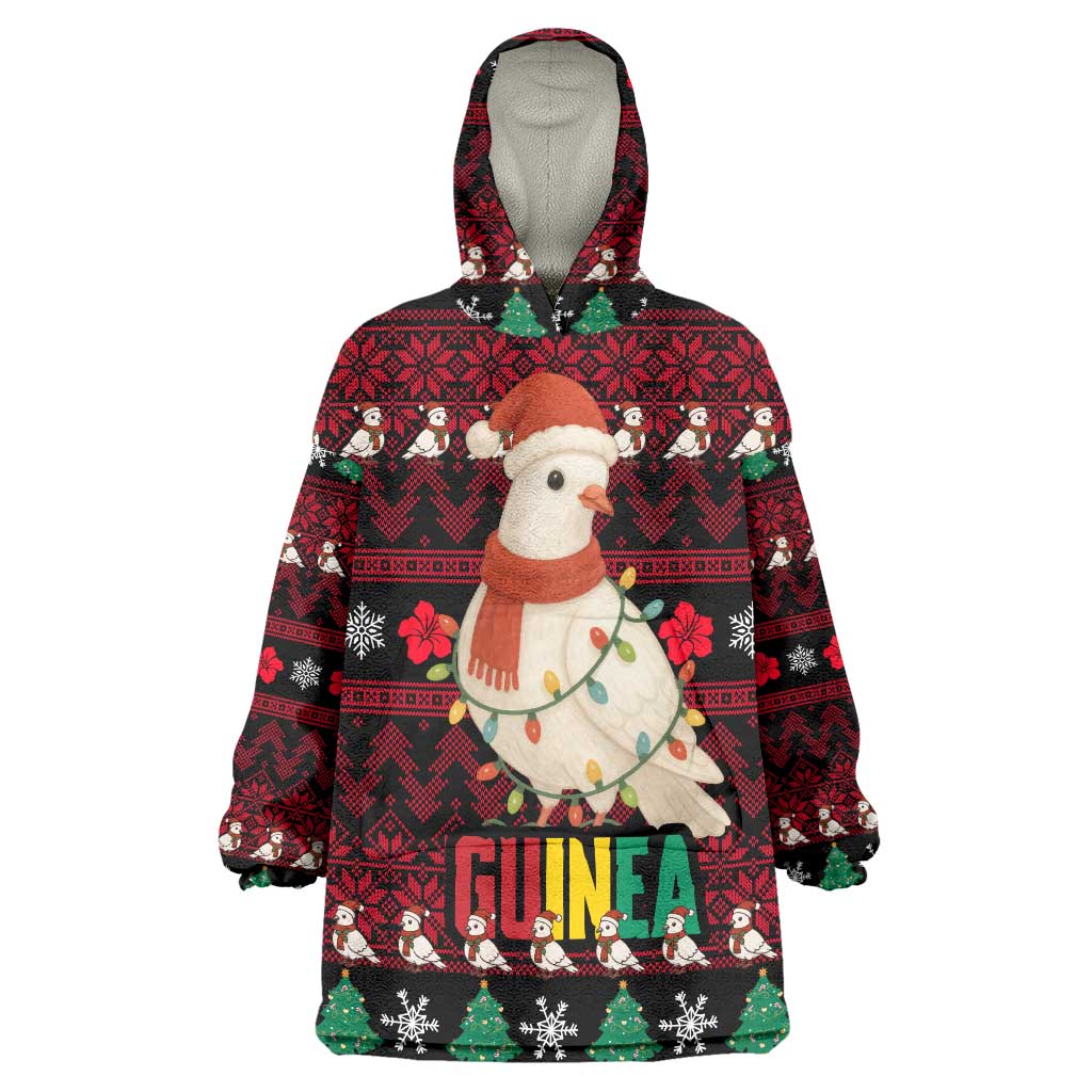 Guinea Christmas Wearable Blanket Hoodie with Festive Dove String Lights and Red Black Holiday Pattern - Wonder Print Shop