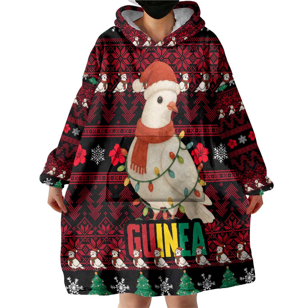 Guinea Christmas Wearable Blanket Hoodie with Festive Dove String Lights and Red Black Holiday Pattern - Wonder Print Shop