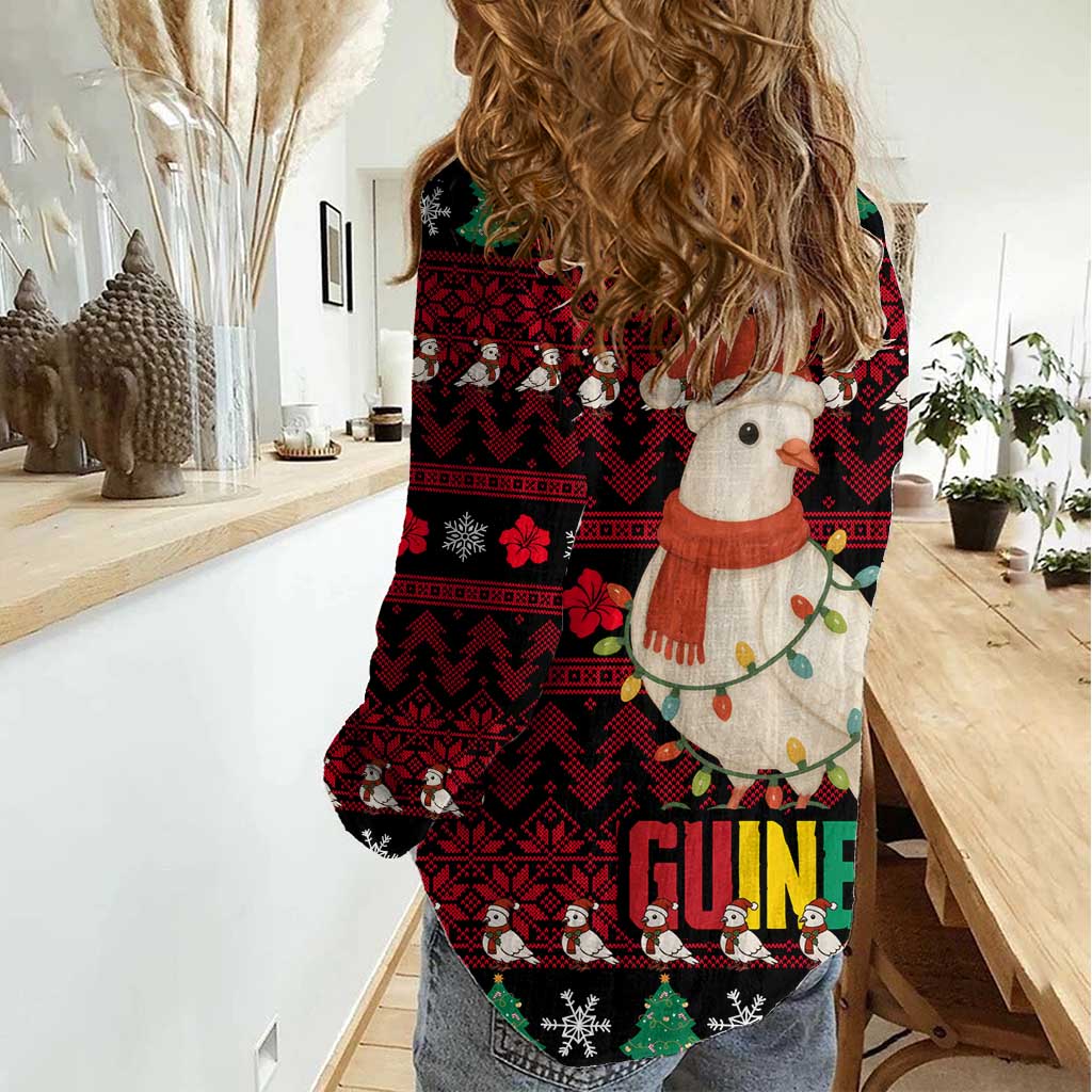 Guinea Christmas Women Casual Shirt with Festive Dove String Lights and Red Black Holiday Pattern - Wonder Print Shop