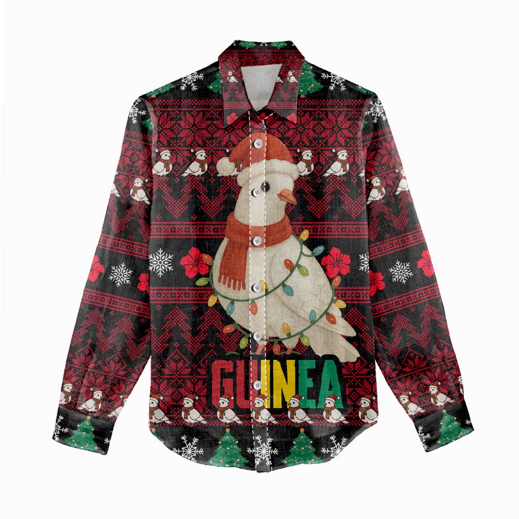 Guinea Christmas Women Casual Shirt with Festive Dove String Lights and Red Black Holiday Pattern - Wonder Print Shop