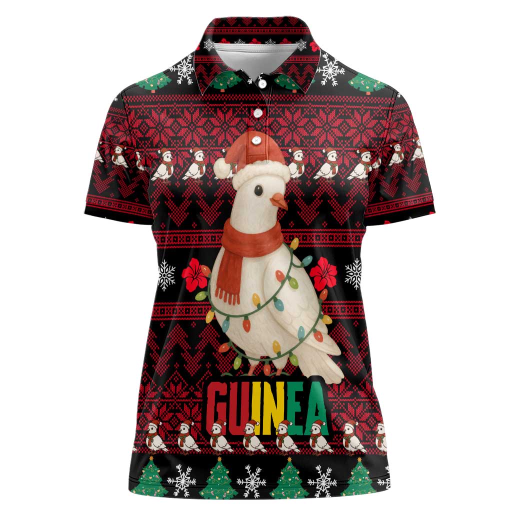 Guinea Christmas Women Polo Shirt with Festive Dove String Lights and Red Black Holiday Pattern - Wonder Print Shop