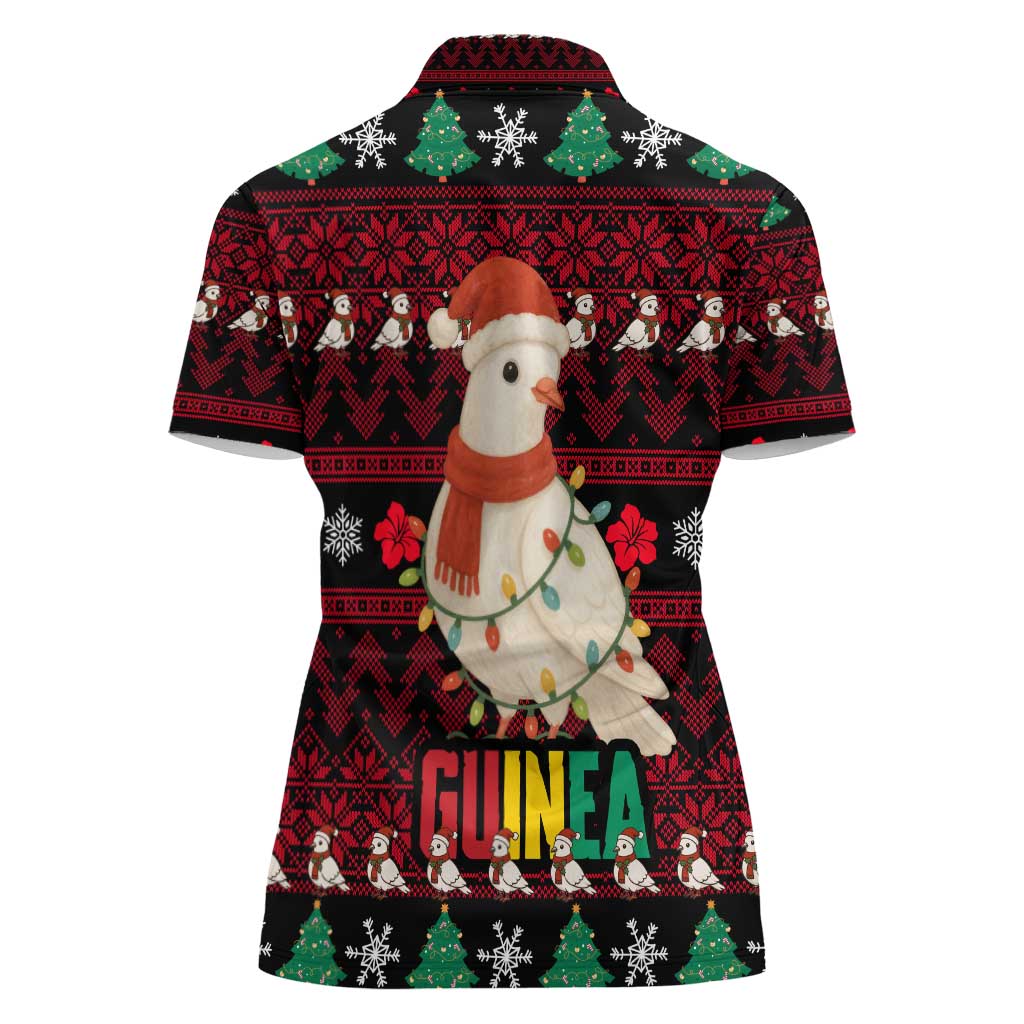 Guinea Christmas Women Polo Shirt with Festive Dove String Lights and Red Black Holiday Pattern - Wonder Print Shop