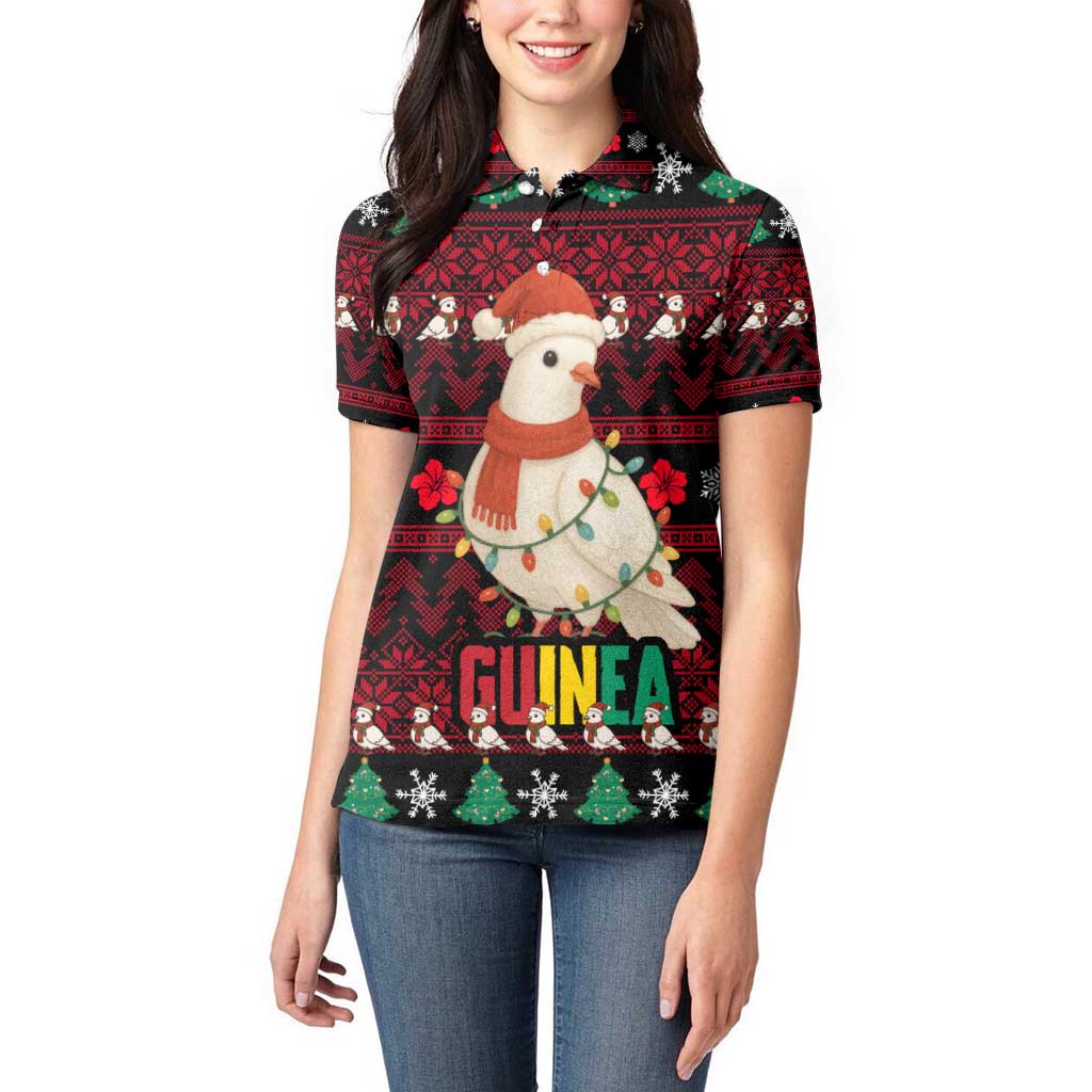 Guinea Christmas Women Polo Shirt with Festive Dove String Lights and Red Black Holiday Pattern - Wonder Print Shop