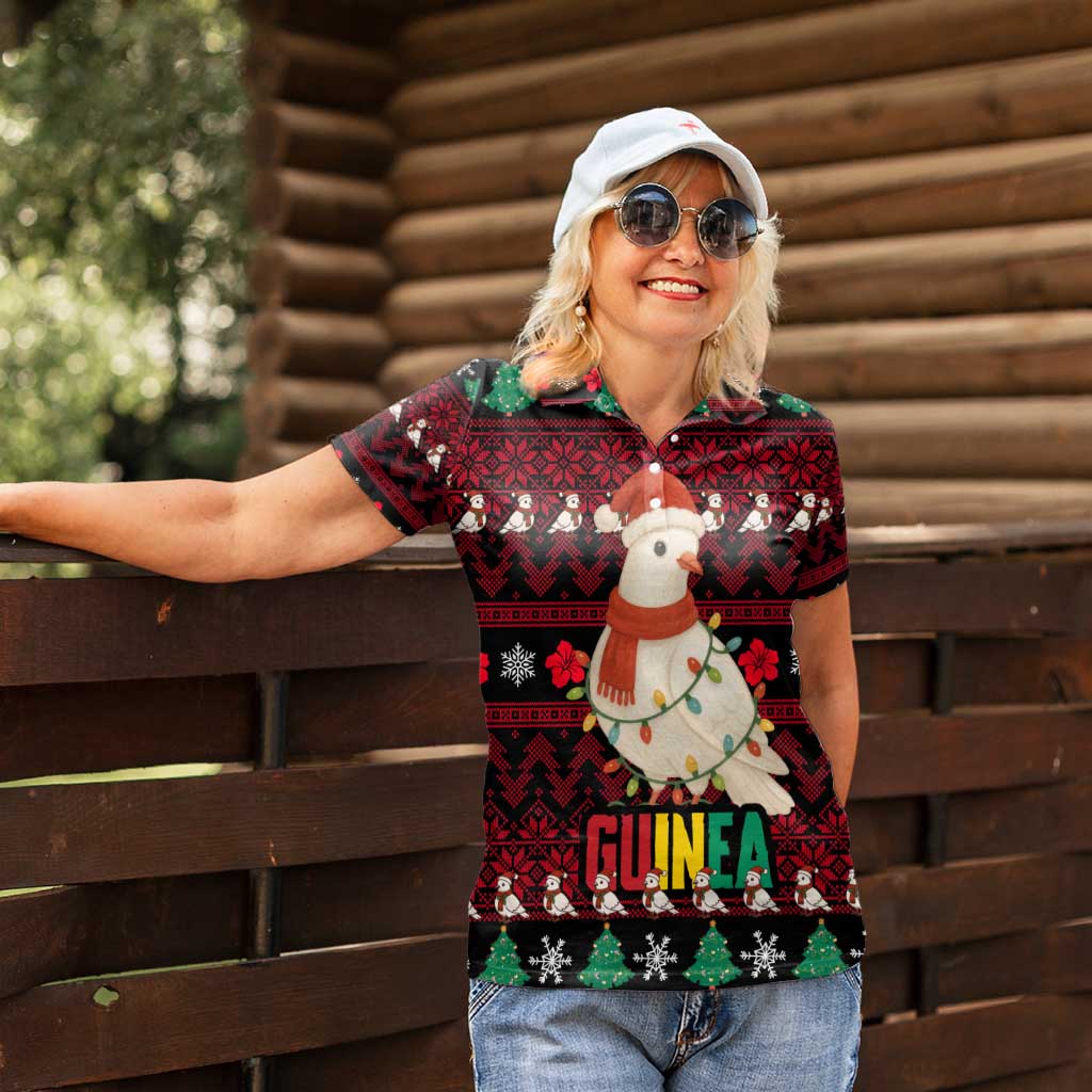 Guinea Christmas Women Polo Shirt with Festive Dove String Lights and Red Black Holiday Pattern - Wonder Print Shop