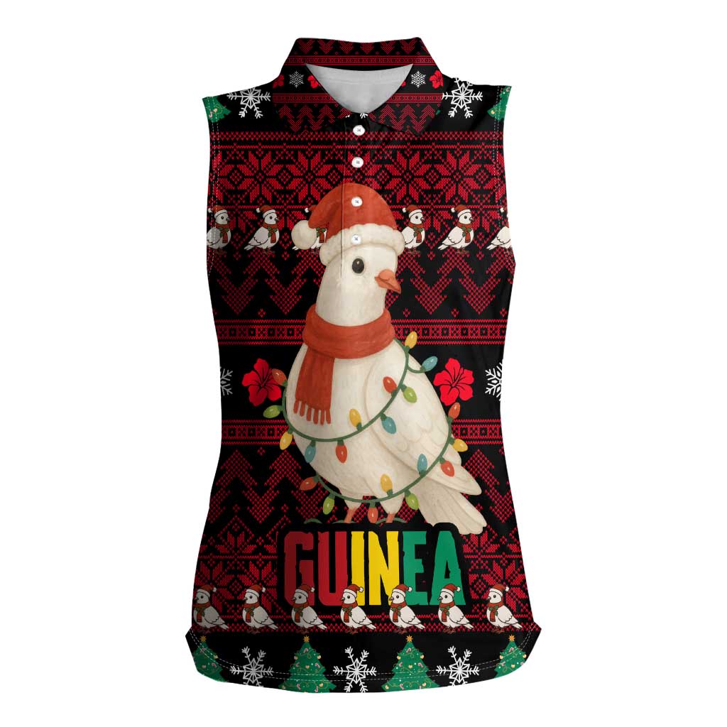 Guinea Christmas Women Sleeveless Polo Shirt with Festive Dove String Lights and Red Black Holiday Pattern - Wonder Print Shop