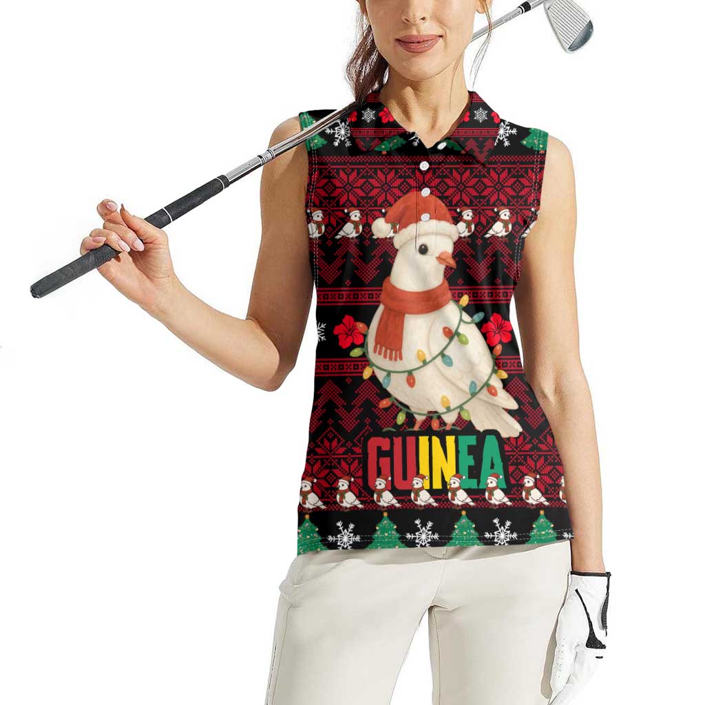 Guinea Christmas Women Sleeveless Polo Shirt with Festive Dove String Lights and Red Black Holiday Pattern - Wonder Print Shop