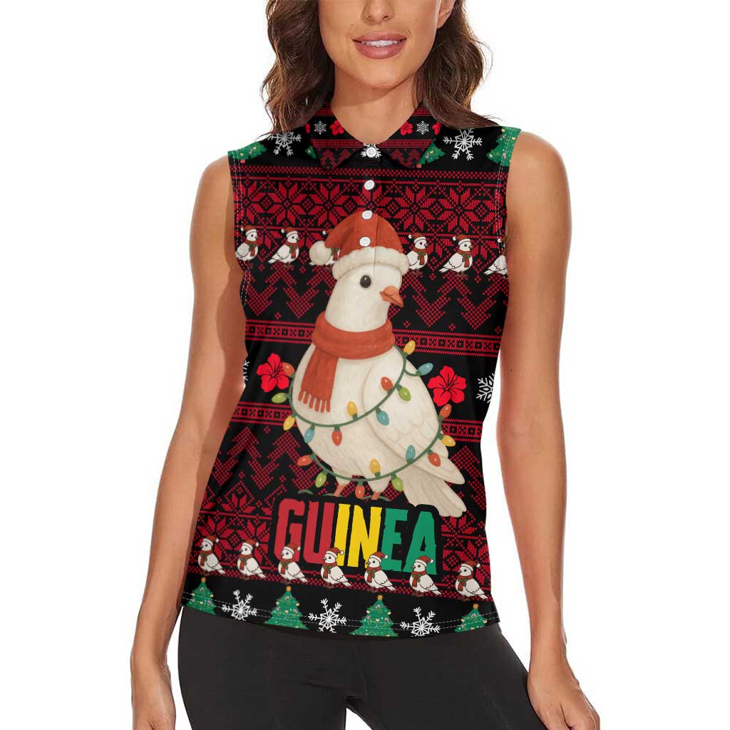 Guinea Christmas Women Sleeveless Polo Shirt with Festive Dove String Lights and Red Black Holiday Pattern - Wonder Print Shop