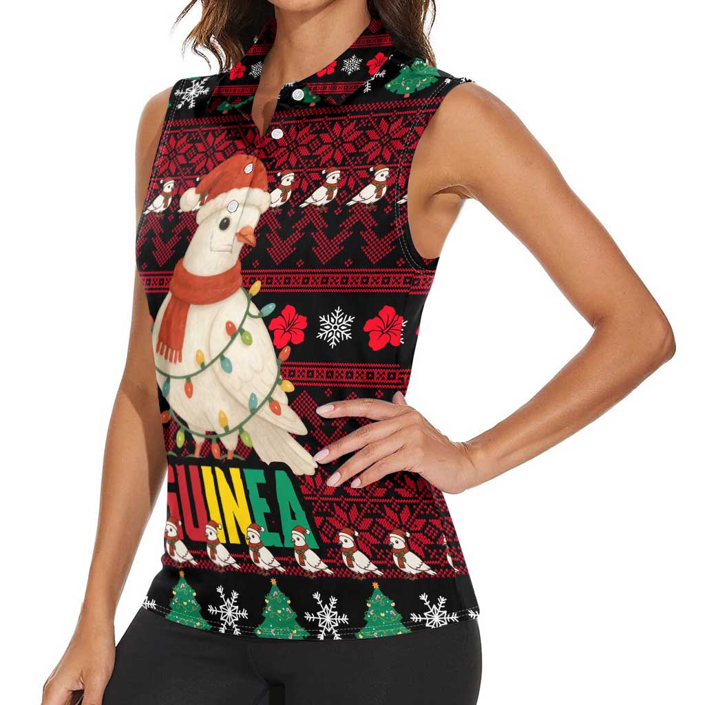 Guinea Christmas Women Sleeveless Polo Shirt with Festive Dove String Lights and Red Black Holiday Pattern - Wonder Print Shop