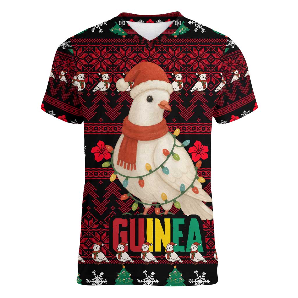 Guinea Christmas Women V-Neck T-Shirt with Festive Dove String Lights and Red Black Holiday Pattern - Wonder Print Shop