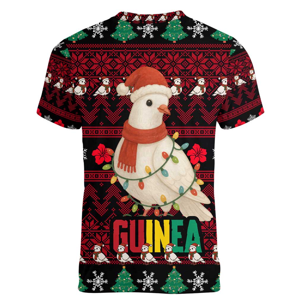 Guinea Christmas Women V-Neck T-Shirt with Festive Dove String Lights and Red Black Holiday Pattern - Wonder Print Shop