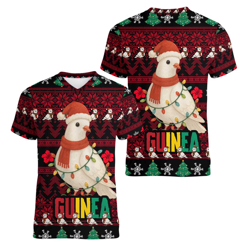 Guinea Christmas Women V-Neck T-Shirt with Festive Dove String Lights and Red Black Holiday Pattern - Wonder Print Shop
