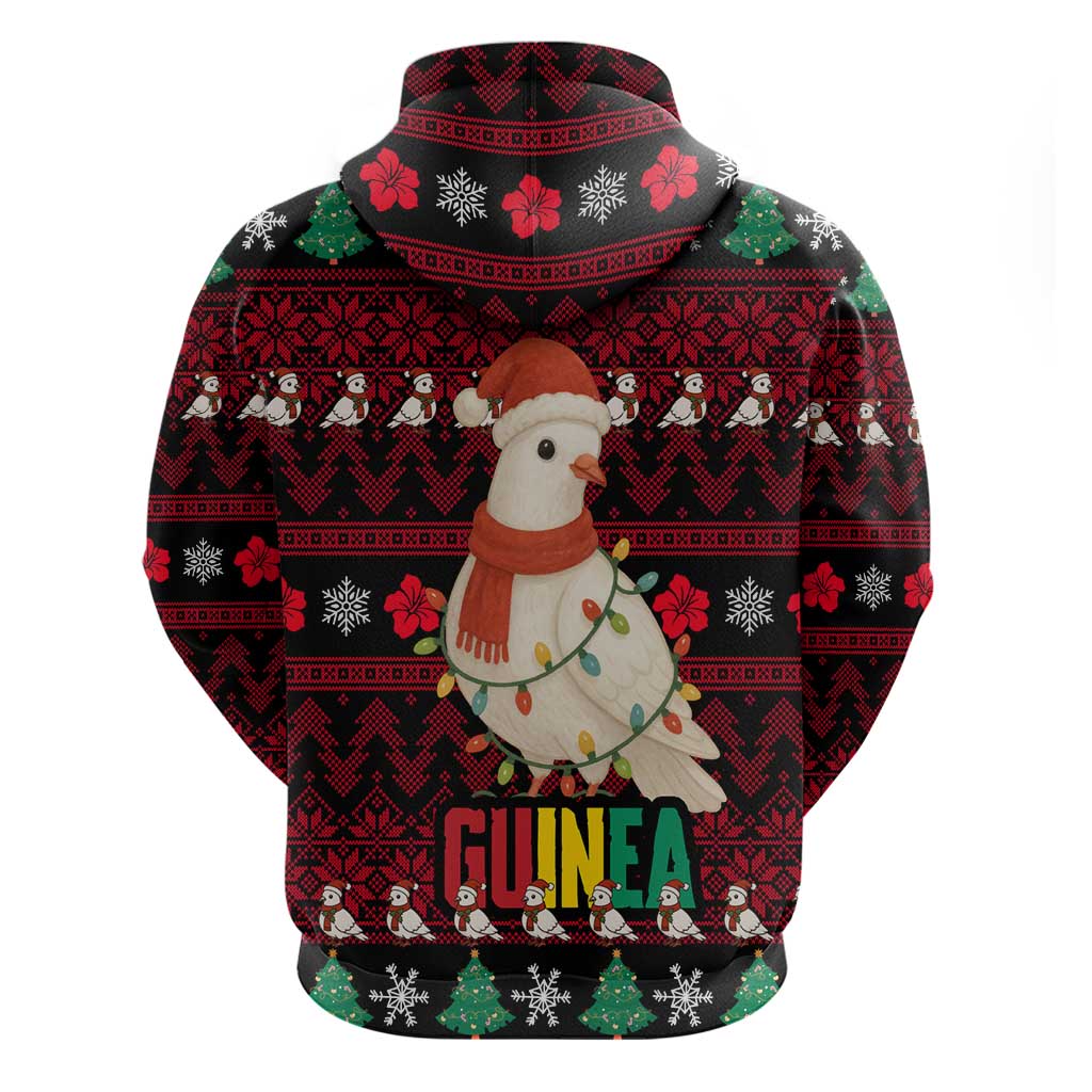 Guinea Christmas Zip Hoodie with Festive Dove String Lights and Red Black Holiday Pattern - Wonder Print Shop