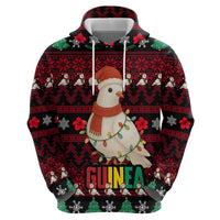 Guinea Christmas Zip Hoodie with Festive Dove String Lights and Red Black Holiday Pattern - Wonder Print Shop