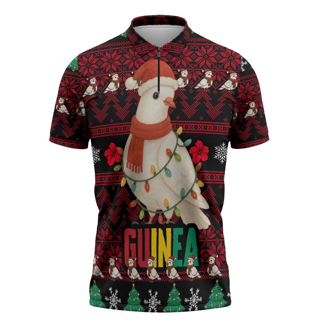 Guinea Christmas Zipper Polo Shirt with Festive Dove String Lights and Red Black Holiday Pattern - Wonder Print Shop