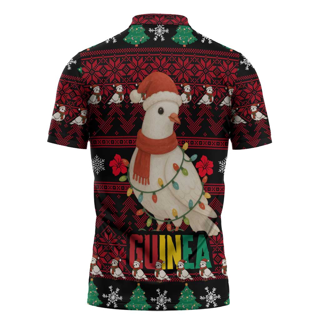 Guinea Christmas Zipper Polo Shirt with Festive Dove String Lights and Red Black Holiday Pattern - Wonder Print Shop