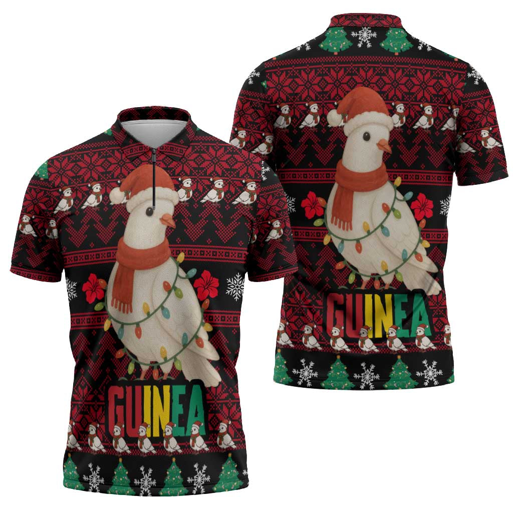 Guinea Christmas Zipper Polo Shirt with Festive Dove String Lights and Red Black Holiday Pattern - Wonder Print Shop