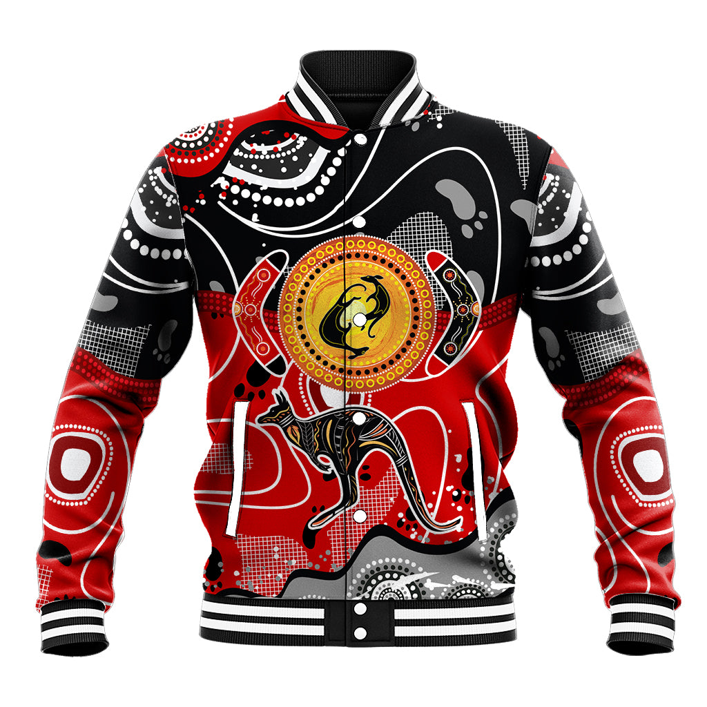 Aboriginal Flag Style Dot Art And Abstract Kangaroo Baseball Jacket - Wonder Print Shop
