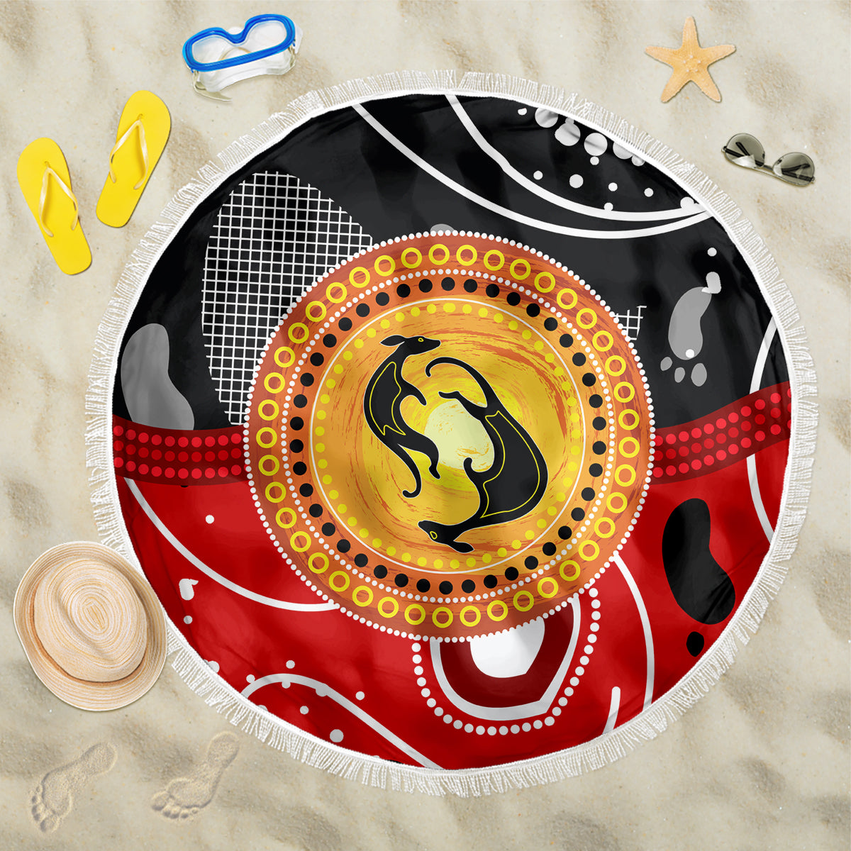 Aboriginal Flag Style Dot Art And Abstract Kangaroo Beach Blanket - Wonder Print Shop