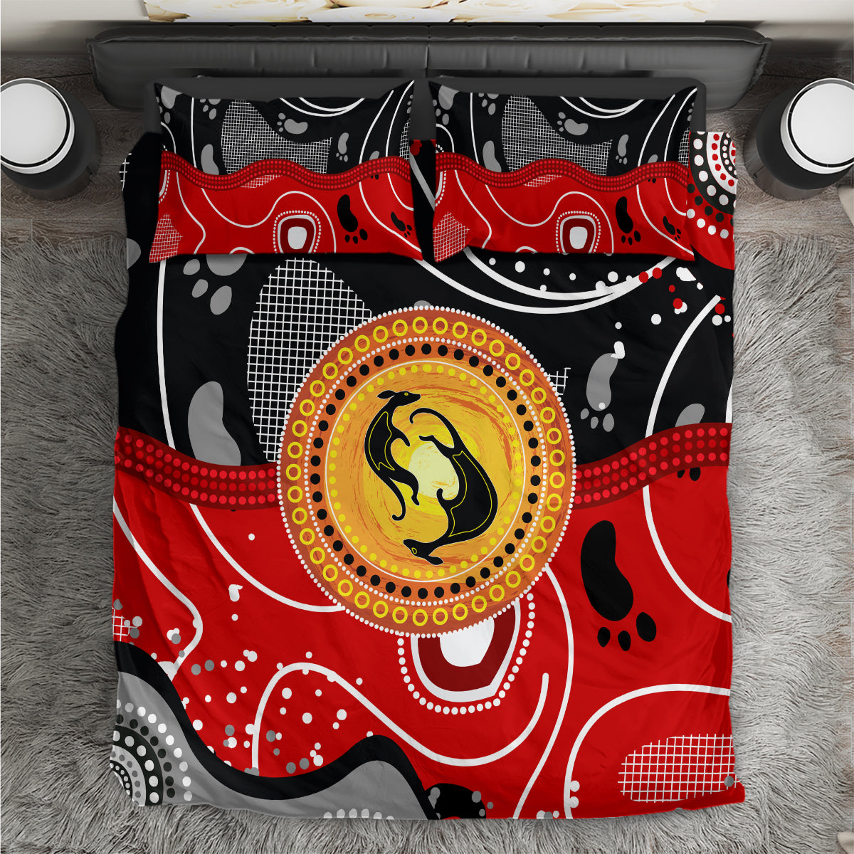 Aboriginal Flag Style Dot Art And Abstract Kangaroo Bedding Set - Wonder Print Shop
