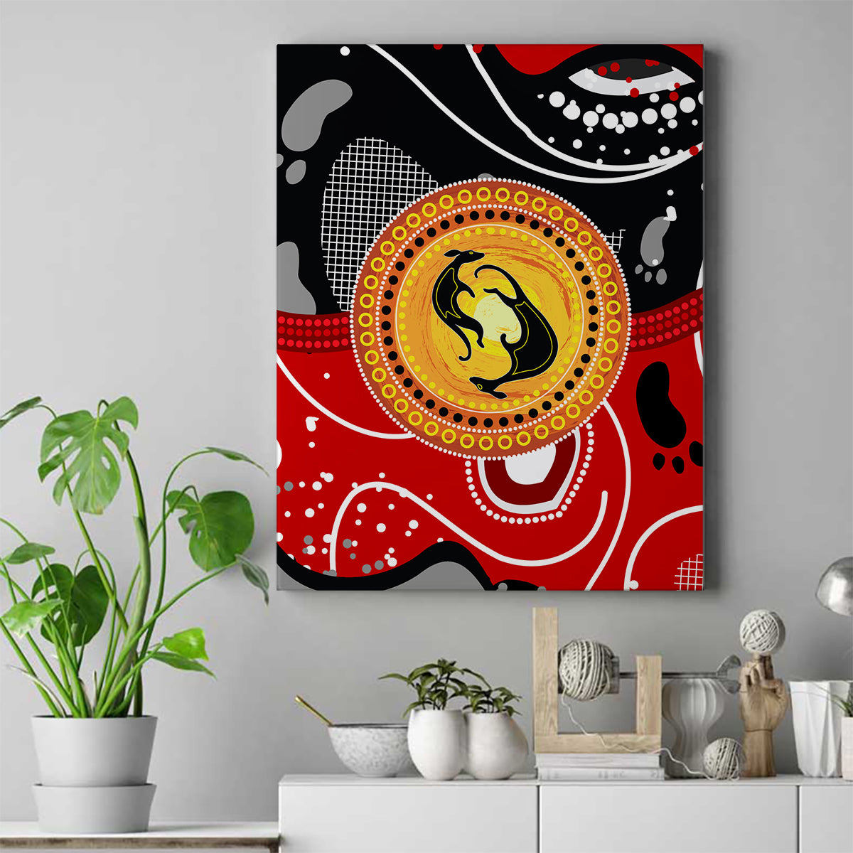 Aboriginal Flag Style Dot Art And Abstract Kangaroo Canvas Wall Art - Wonder Print Shop
