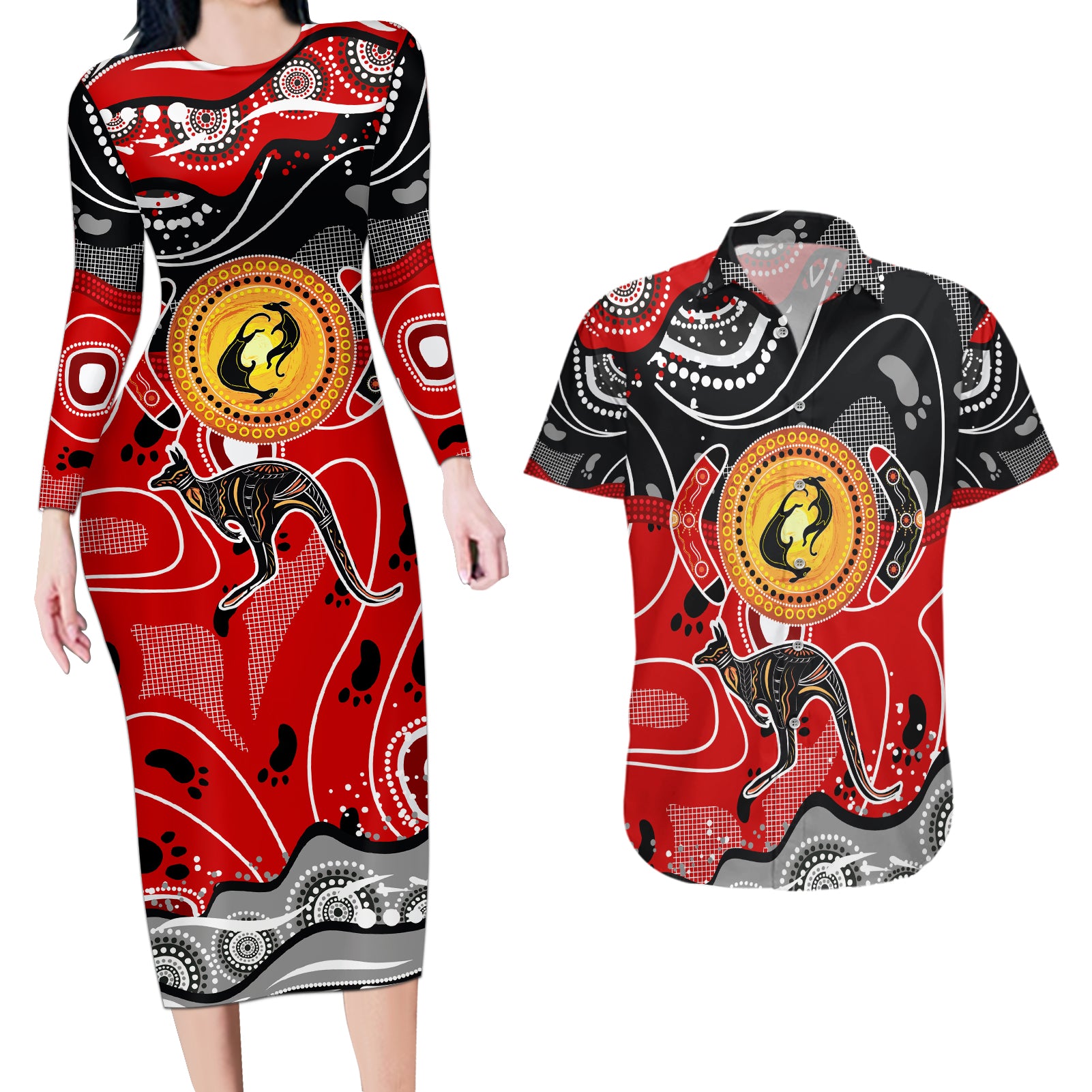Aboriginal Flag Style Dot Art And Abstract Kangaroo Couples Matching Long Sleeve Bodycon Dress and Hawaiian Shirt - Wonder Print Shop