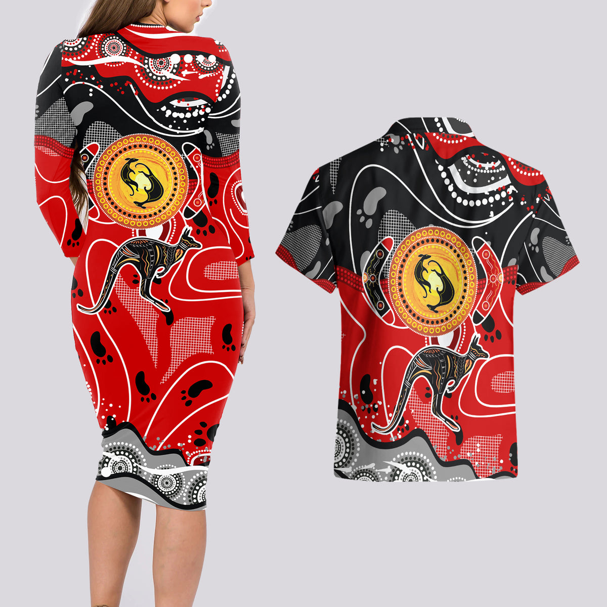 Aboriginal Flag Style Dot Art And Abstract Kangaroo Couples Matching Long Sleeve Bodycon Dress and Hawaiian Shirt - Wonder Print Shop