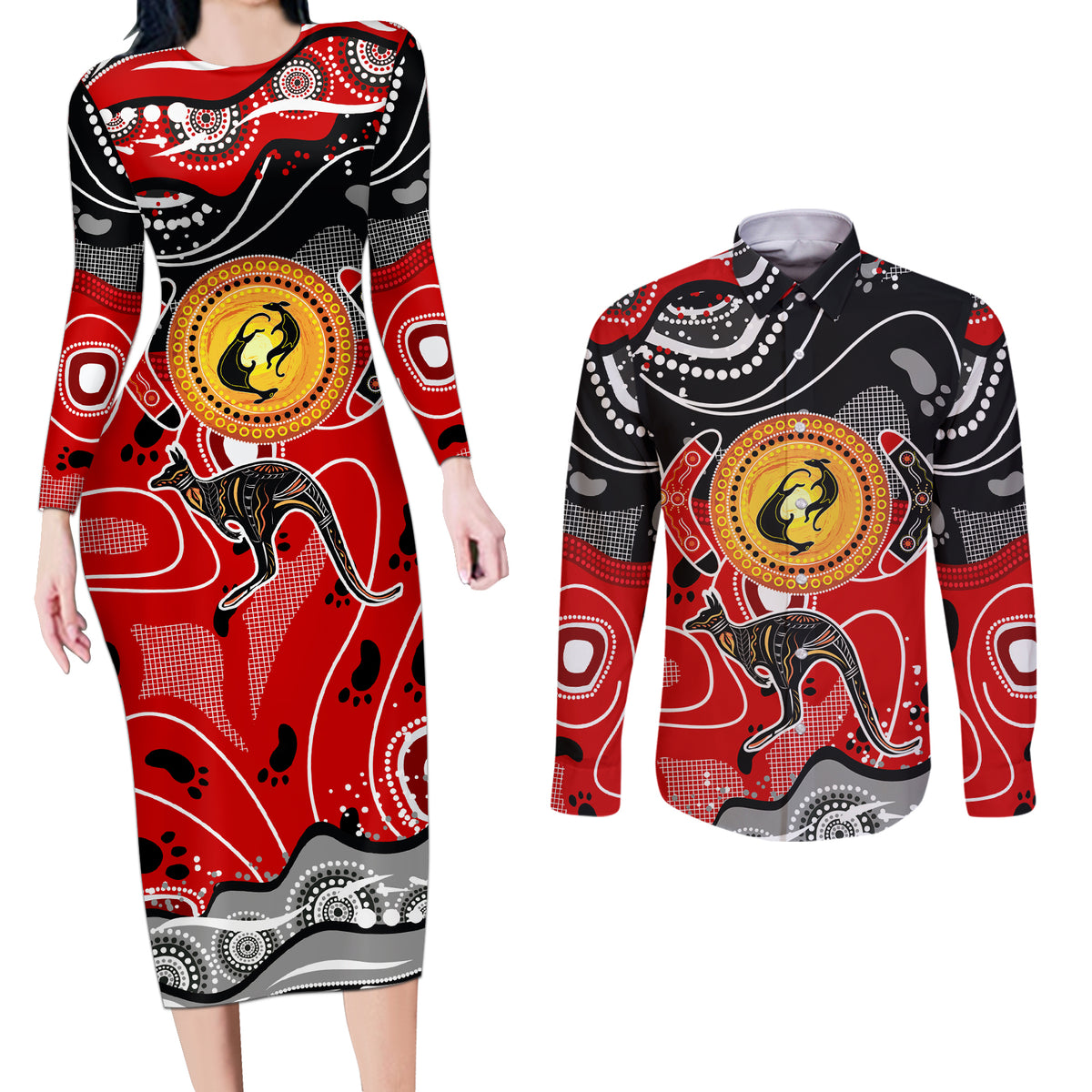 Aboriginal Flag Style Dot Art And Abstract Kangaroo Couples Matching Long Sleeve Bodycon Dress and Long Sleeve Button Shirt - Wonder Print Shop