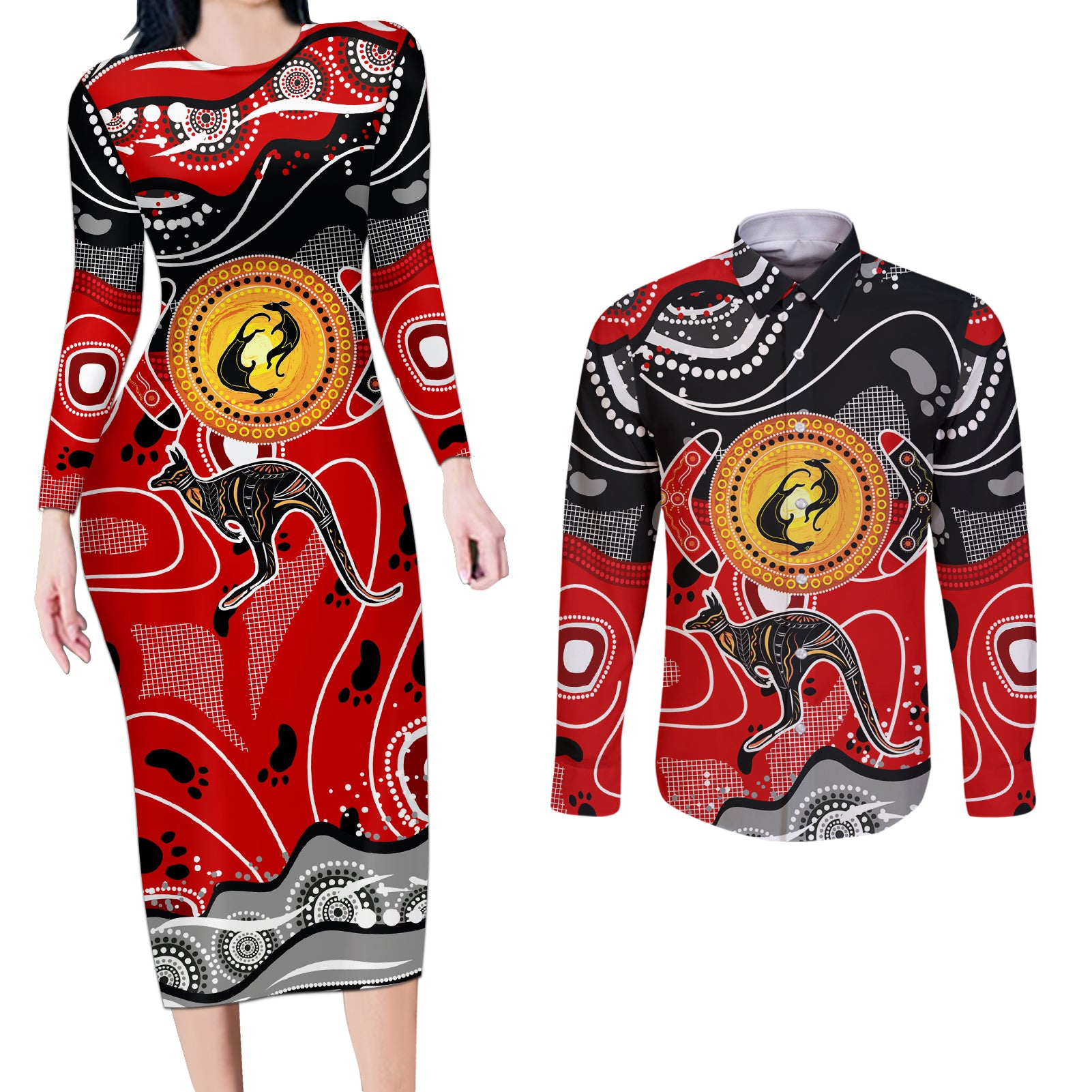 Aboriginal Flag Style Dot Art And Abstract Kangaroo Couples Matching Long Sleeve Bodycon Dress and Long Sleeve Button Shirt - Wonder Print Shop