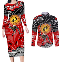 Aboriginal Flag Style Dot Art And Abstract Kangaroo Couples Matching Long Sleeve Bodycon Dress and Long Sleeve Button Shirt - Wonder Print Shop