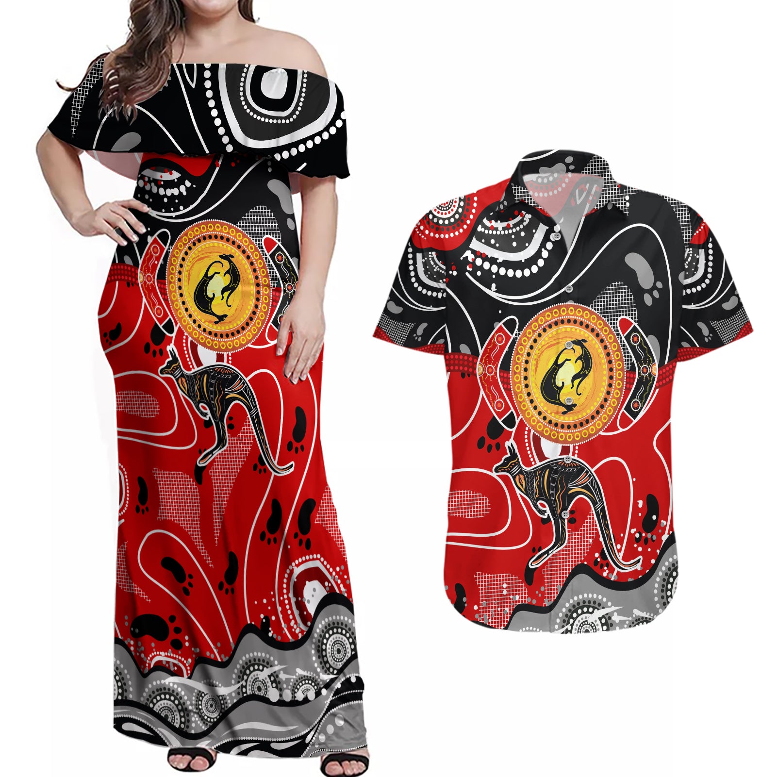 Aboriginal Flag Style Dot Art And Abstract Kangaroo Couples Matching Off Shoulder Maxi Dress and Hawaiian Shirt - Wonder Print Shop