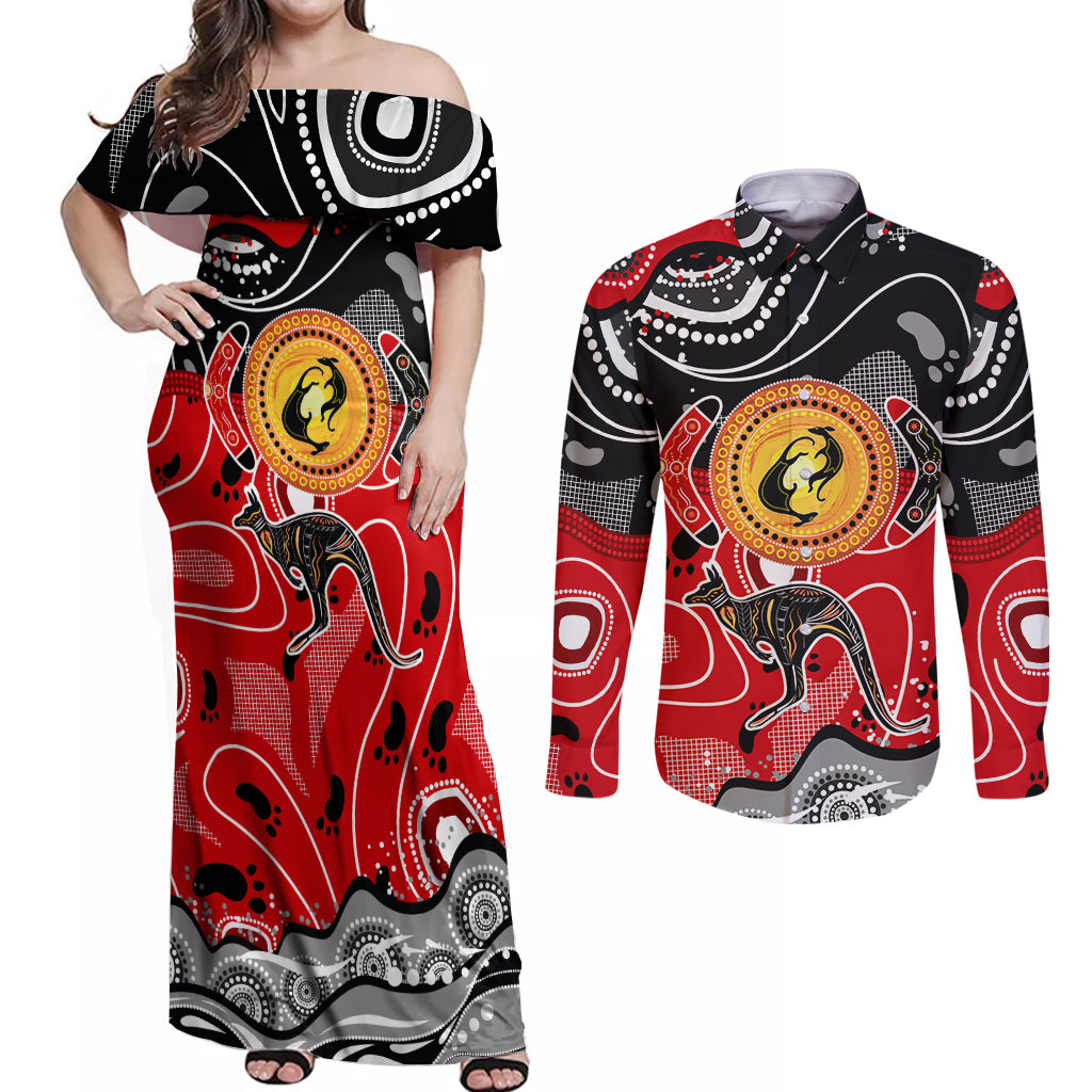 Aboriginal Flag Style Dot Art And Abstract Kangaroo Couples Matching Off Shoulder Maxi Dress and Long Sleeve Button Shirt - Wonder Print Shop