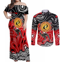 Aboriginal Flag Style Dot Art And Abstract Kangaroo Couples Matching Off Shoulder Maxi Dress and Long Sleeve Button Shirt - Wonder Print Shop