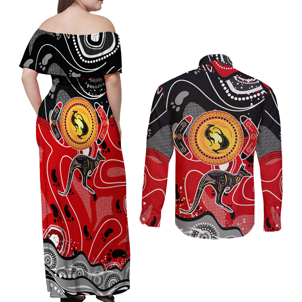 Aboriginal Flag Style Dot Art And Abstract Kangaroo Couples Matching Off Shoulder Maxi Dress and Long Sleeve Button Shirt - Wonder Print Shop