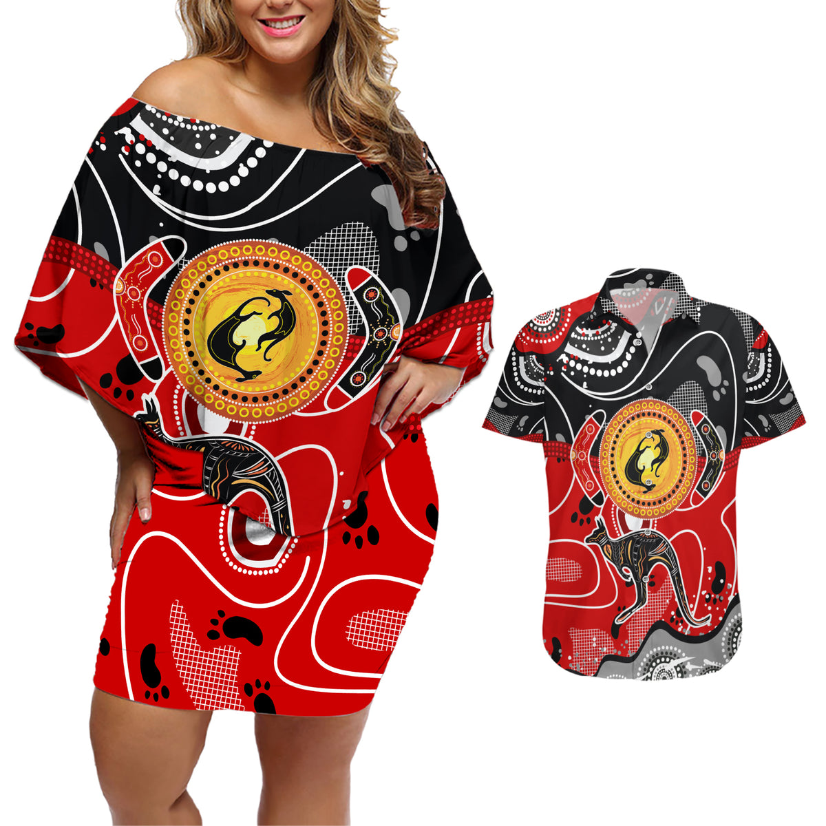 Aboriginal Flag Style Dot Art And Abstract Kangaroo Couples Matching Off Shoulder Short Dress and Hawaiian Shirt - Wonder Print Shop