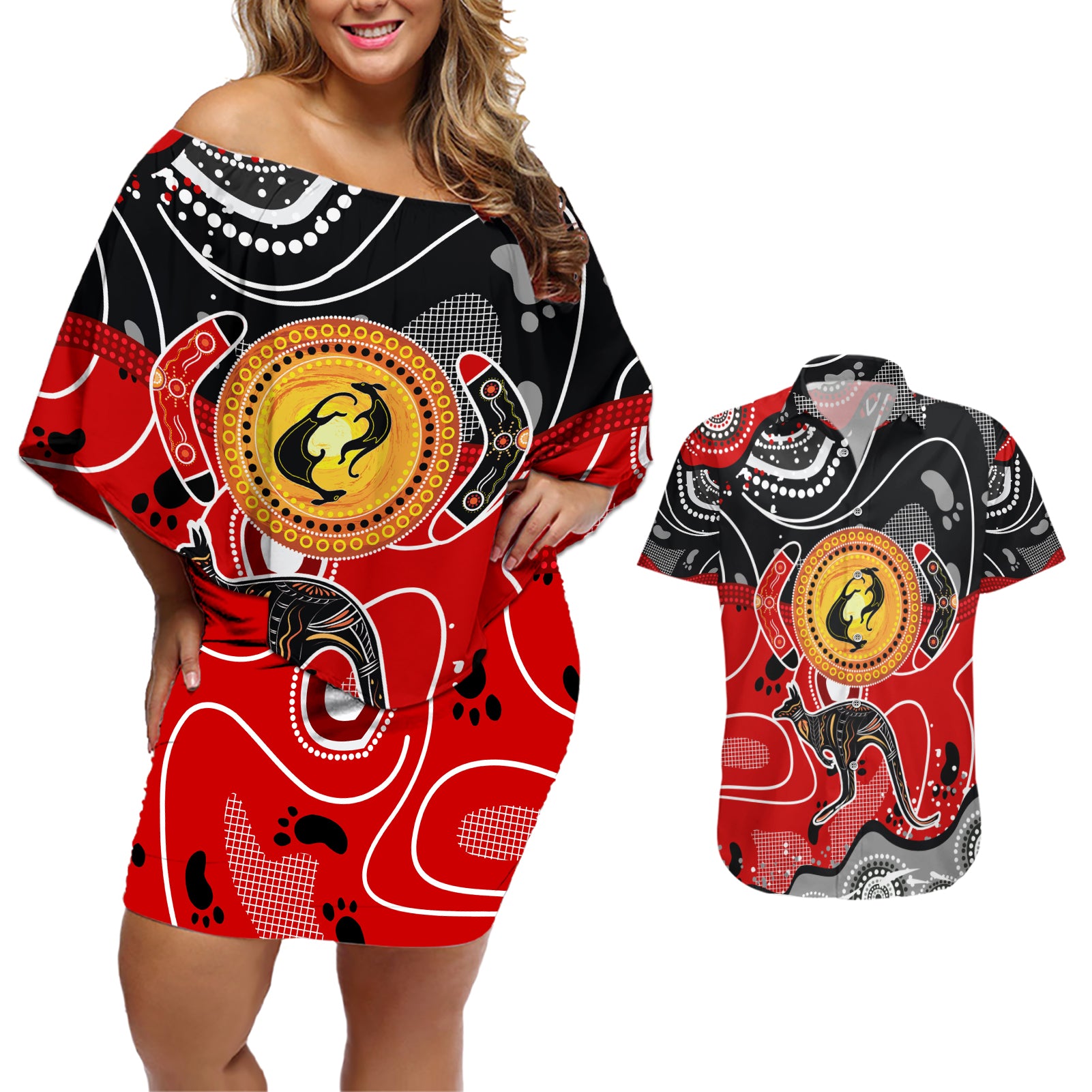 Aboriginal Flag Style Dot Art And Abstract Kangaroo Couples Matching Off Shoulder Short Dress and Hawaiian Shirt - Wonder Print Shop