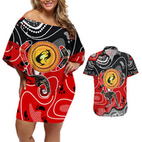 Aboriginal Flag Style Dot Art And Abstract Kangaroo Couples Matching Off Shoulder Short Dress and Hawaiian Shirt - Wonder Print Shop